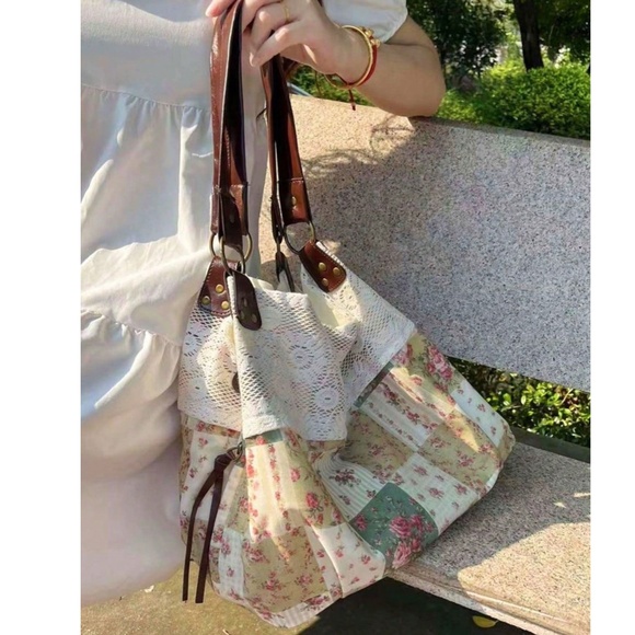 Boho Vegan leather Double Straps Floral Print patchwork Lace Shoulder Tote Bag - Picture 3 of 4